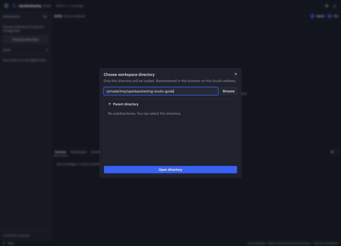 Studio directory picker with an explicit local directory and Open directory button