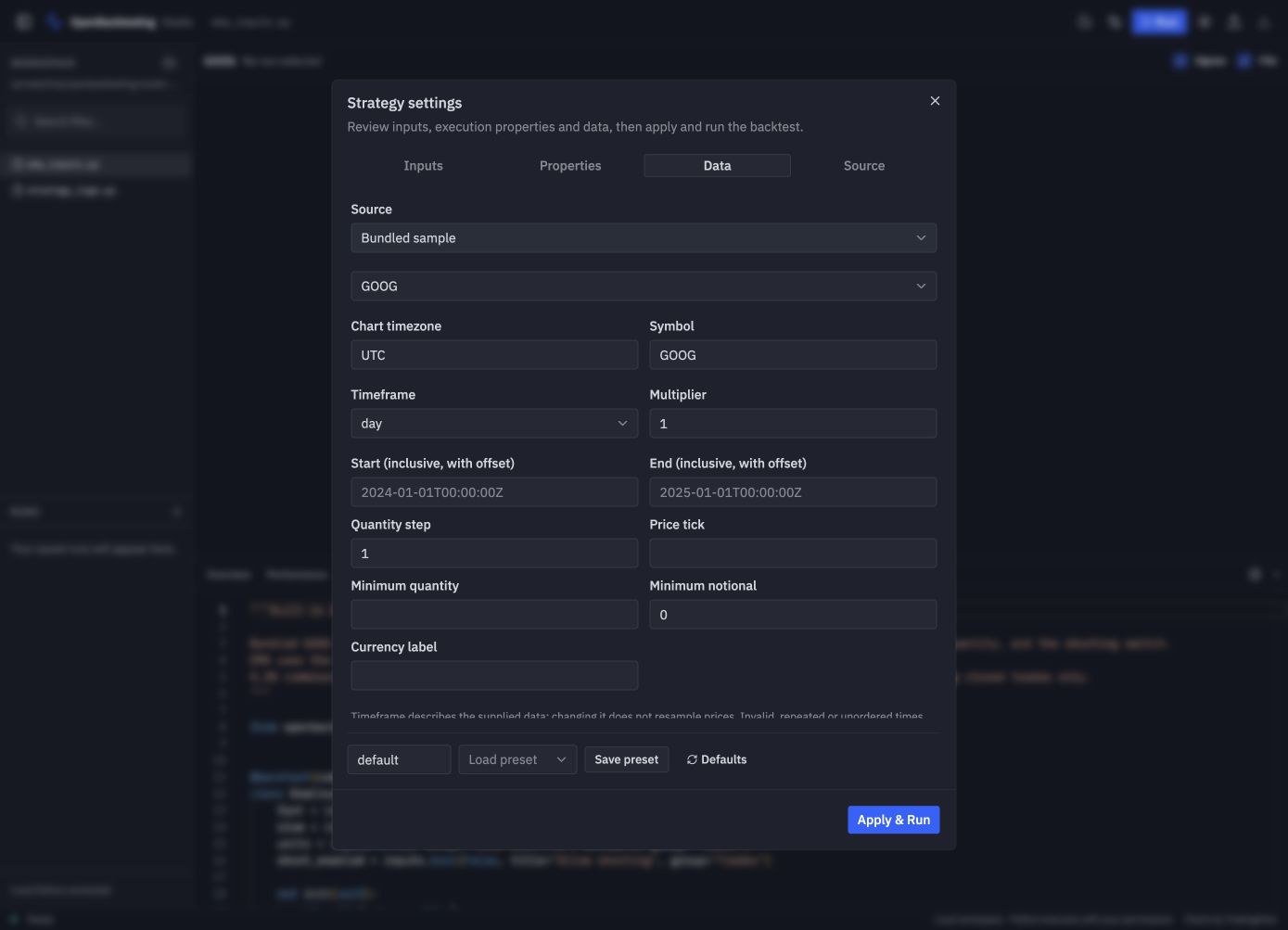 Data settings using bundled GOOG bars, UTC, and a daily timeframe