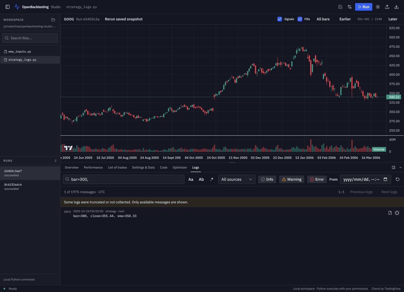 Saved strategy messages filtered by bar number, with source and chart-location actions